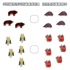 Developing activities for children, compare which more hedgehog, squirrel, bear, owl. Logic game for children, mathematical inequalities.