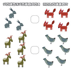 Developing activities for children, compare which more deer, foxes, birds, rabbits. Logic game for children, mathematical inequalities.