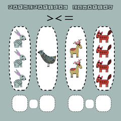 ​​Which is greater, less or equal game with funny deer, foxes, birds, rabbits. Worksheet for preschool kids, kids activity sheet, printable worksheet
