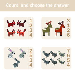 How many counting game with funny forest animals, deer, rabbits, fox, bird . Preschool worksheet, kids activity sheet, printable worksheet