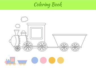 Coloring book train for children. Educational activity page for preschool years kids and toddlers with transport. Printable worksheet. Cartoon colorful vector illustration.