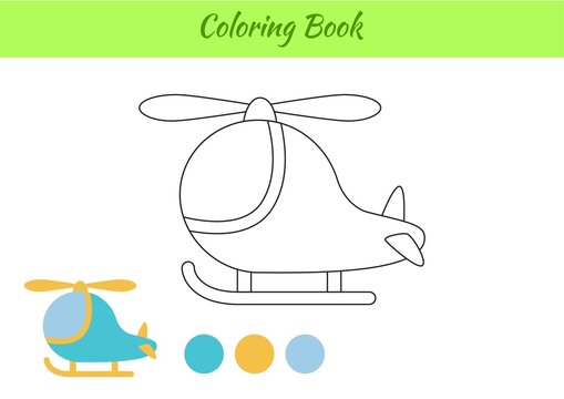 Coloring book helicopter for children. Educational activity page for preschool years kids and toddlers with transport. Printable worksheet. Cartoon colorful vector illustration.