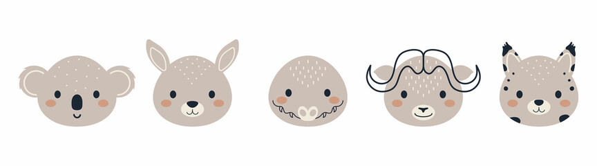 Set of cute animal heads in scandinavian style. Collection funny animals characters for kids cards, baby shower, birthday invitation, house interior. Bohemian childish vector illustration.