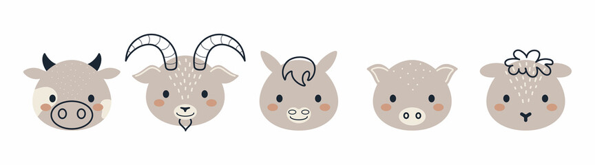 Set of cute domestic animal heads in scandinavian style. Collection funny animals characters for kids cards, baby shower, birthday invitation, house interior. Bohemian childish vector illustration.