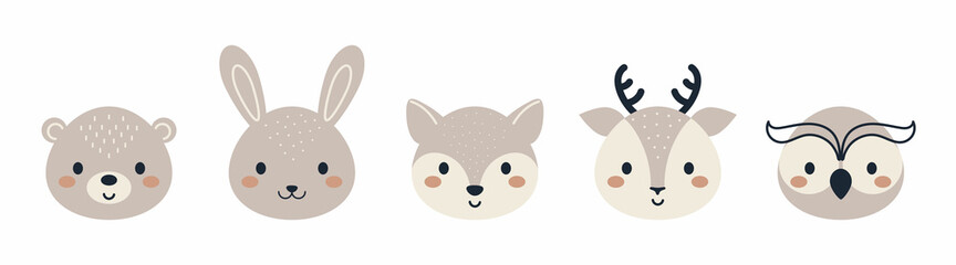 Set of cute woodland animal heads in scandinavian style. Collection funny animals characters for kids cards, baby shower, birthday invitation, house interior. Bohemian childish vector illustration.