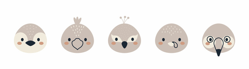Set of cute bird heads in scandinavian style. Collection funny animals characters for kids cards, baby shower, birthday invitation, house interior. Bohemian childish vector illustration.