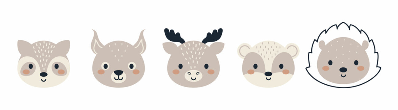 Set of cute woodland animal heads in scandinavian style. Collection funny animals characters for kids cards, baby shower, birthday invitation, house interior. Bohemian childish vector illustration.