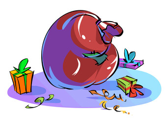 Cartoon Big Santa sack full of gifts. Bag of gifts