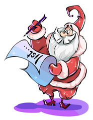 Cartoon funny Santa Claus reading a long list of gifts. On a white background.