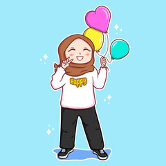 Young hijab girl Holding balloons cartoon illustration. 