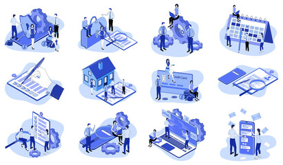 Office work,recruitment, electronic payments,property insurance,search technologies,social networks.A set of isometric icons vector illustrations on the topic of business and technology.