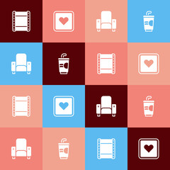 Set pop art Play video, Like heart, Cinema chair and Paper glass with water icon. Vector