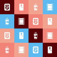 Set pop art CD disk award in frame, Backstage, Paper glass with water and Play video icon. Vector