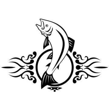 Illustration of a lake trout fish jumping up done in tribal tattoo style on isolated white background in black and white retro style.