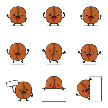 cute coffee bean cartoon. with happy facial expressions and different poses
