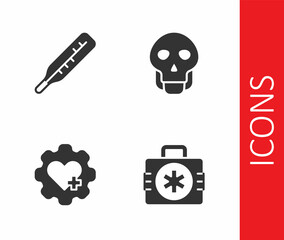 Set First aid kit, Medical thermometer, Heart with cross and Skull icon. Vector