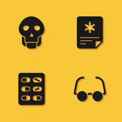 Set Skull, Glasses, Pills in blister pack and Patient record icon with long shadow. Vector