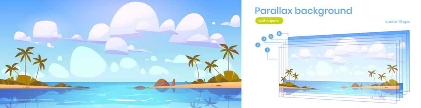 Tropical landscape with sea bay and palm trees on beach. Vector parallax background for 2d animation with cartoon illustration of summer seascape with lagoon or harbor and sand shore
