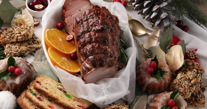 Christmas background, video, holiday dinner on  dark background, rotate