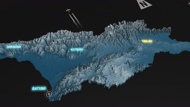 Seamless looping animation of the 3d terrain map at nighttime of Georgia with the capital and the biggest cites in 4K resolution