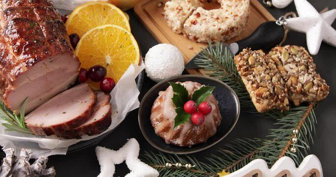 Christmas background, video, holiday dinner on  dark background, rotate
