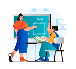 Education concept in modern flat design. Teacher explains lesson at blackboard, pupil pulls hand up. Student studies textbook sitting in classroom, learning at school or college. Vector illustration