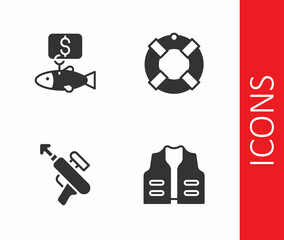 Set Fishing jacket, Price tag for fish, harpoon and Lifebuoy icon. Vector