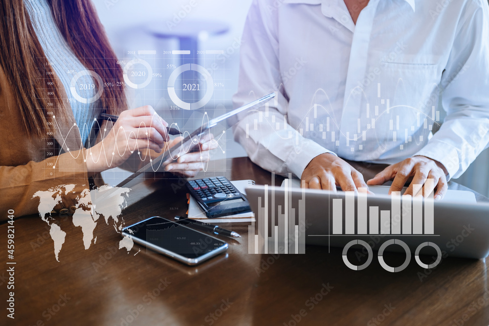 Poster data management system with business analytics concept. business team hands working with provide inf