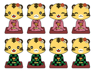 市松模様と麻の葉文様の着物を着た正座をしているトラの女の子のキャラクターイラストセット