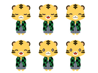 市松模様の着物を着たお祈りをしているトラの男の子のキャラクターイラストセット