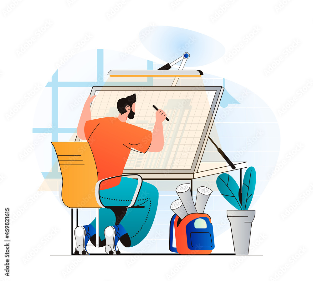 Poster construction engineer concept in modern flat design. architect drawing blueprint for building. exper