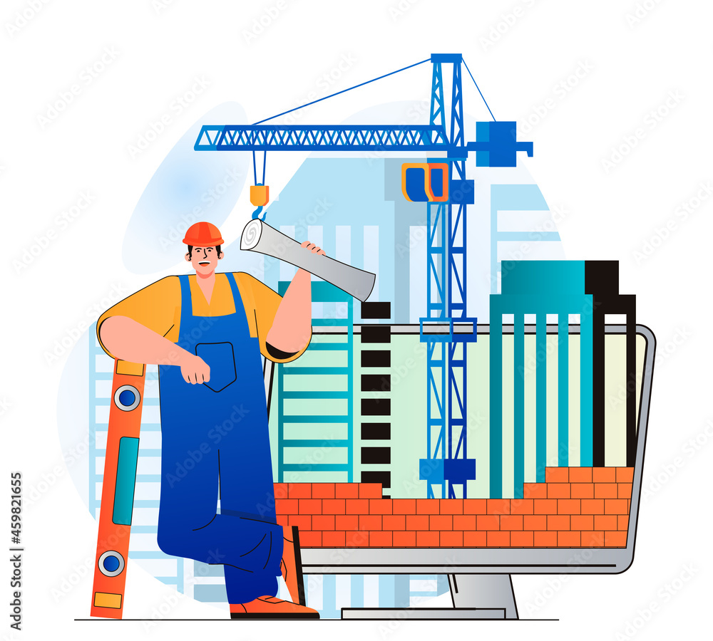 Poster Construction engineer concept in modern flat design. Builder holds blueprint and tools. Bricklayer makes brickwork. Constructor working at building site. Real estate business. Vector illustration