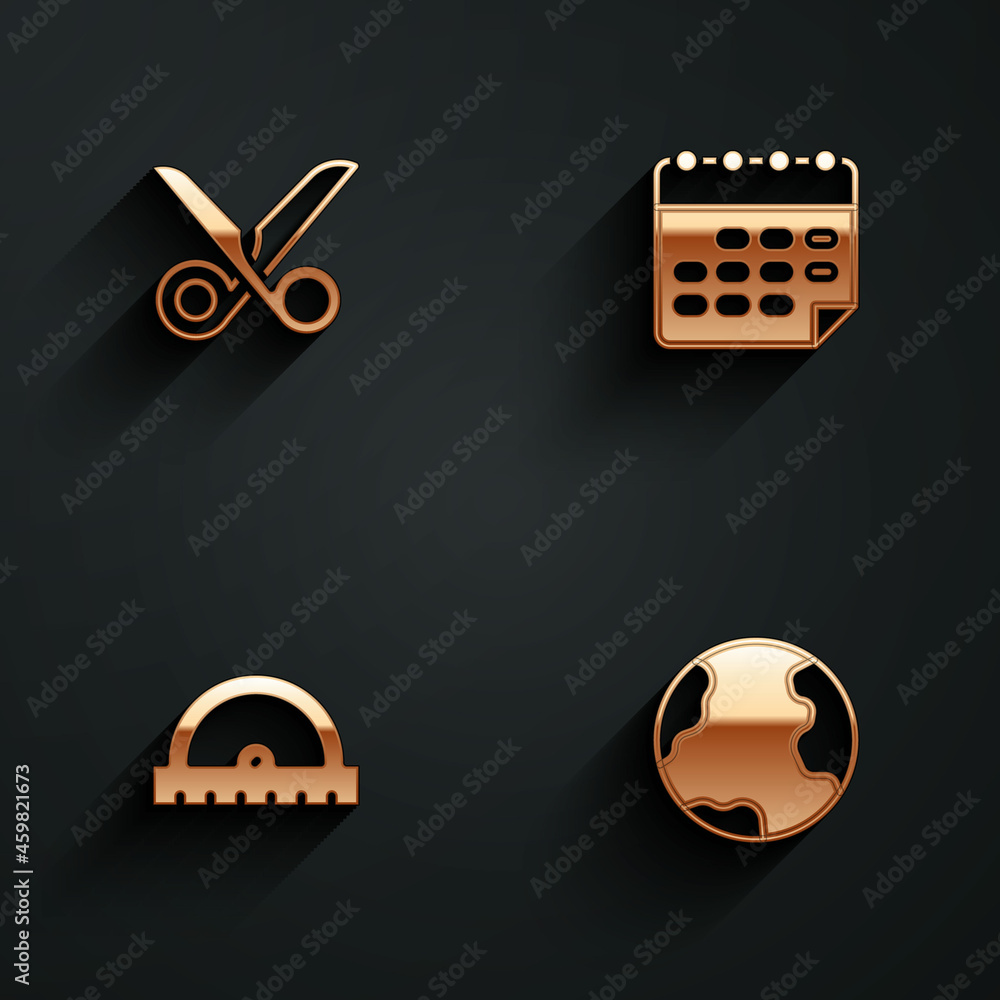 Poster set scissors, school timetable, protractor grid and earth globe icon with long shadow. vector