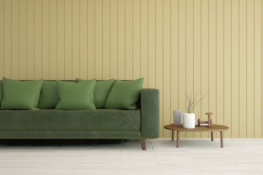 Yellow living room with green sofa. Scandinavian interior design. 3D illustration