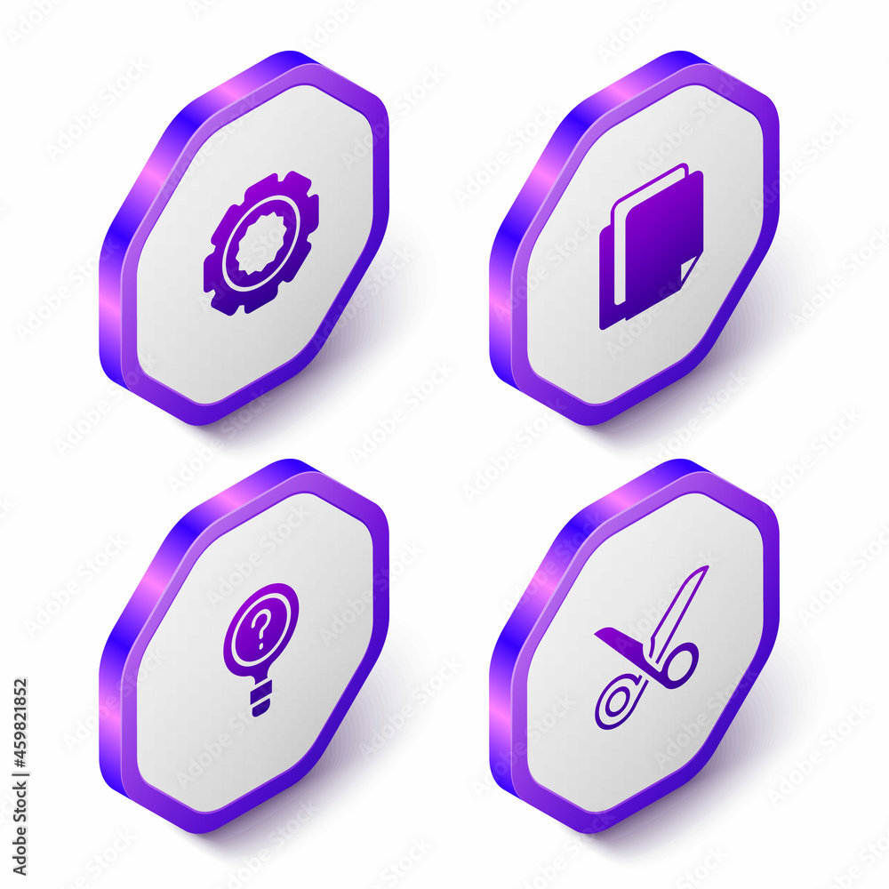Poster set isometric gear, file document, unknown search and scissors icon. purple hexagon button. vector