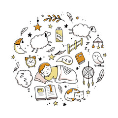 Sleep, relax time, dream night doodle set. Concept comfort night sleep time. Hand drawn sketch style. Moon, cat, star, lamp element. Vector illustration on white background.