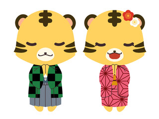 市松模様と麻の葉文様の着物を着たお祈りをしているトラの男の子と女の子のキャラクターイラスト