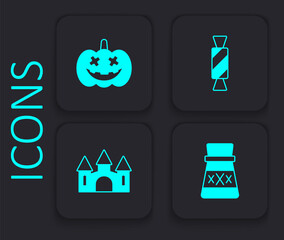 Set Bottle with potion, Pumpkin, Candy and Castle icon. Black square button. Vector