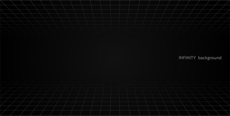 Grid perspective black room floor and celling. Gray wireframe background. Digital cyber box technology model. Vector abstract architectural template