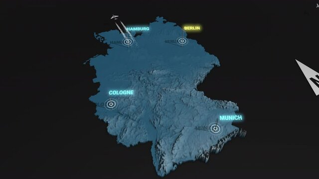 Seamless looping animation of the 3d terrain map at nighttime of Germany with the capital and the biggest cites in 4K resolution