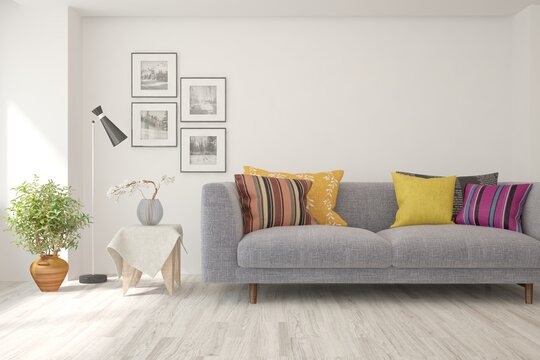 Autumn colorful living room with sofa. Scandinavian interior design. 3D illustration
