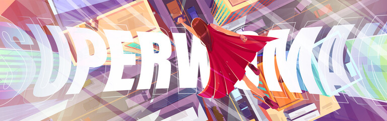 Superwoman poster with girl in red cape flies above city street. Vector banner of female superhero with cartoon top view of woman flying in hero pose above buildings and road © klyaksun