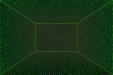3d Grid perspective room in matrix technology style. Virtual reality tunnel or wormhole. Abstract binary computer code background