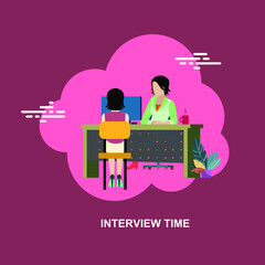 Interview time with young lady sitting and giving answers to the interview asked by a person flat concept design