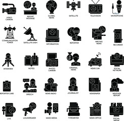 Black and white Journalism Elements flat vector collection icon set