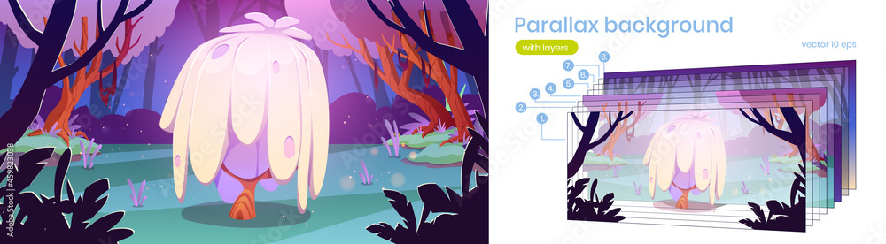 Poster fantasy landscape of forest with unusual tree in swamp. vector parallax background with layers for g