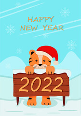 Cute tiger in a santa hat symbol of the new year 2022. Funny cartoon tiger vector illustration. Greeting card concept Happy New Year and Christmas.