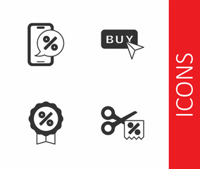 Set Scissors cuts discount coupon, Percent phone, Discount percent tag and Buy button icon. Vector