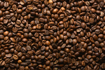 Texture of roasted coffee beans close-up