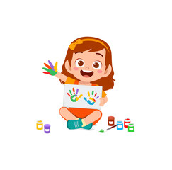 cute little boy using paint to hand for art